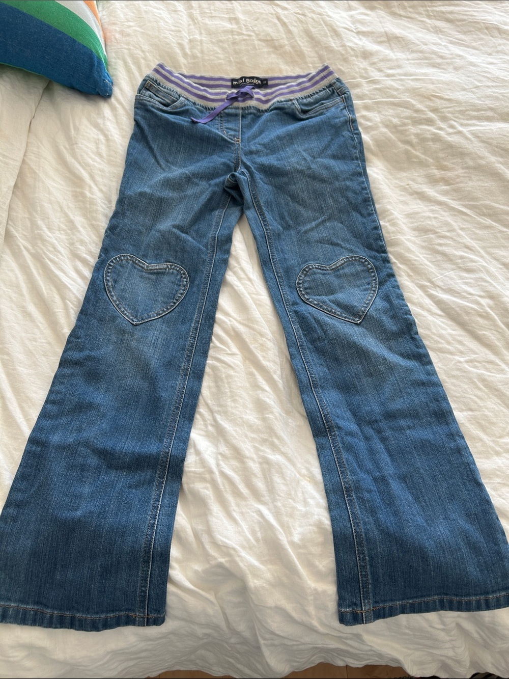 Mini Boden Flared Jeans with Heart Knee Patches and pocket Striped Waistband